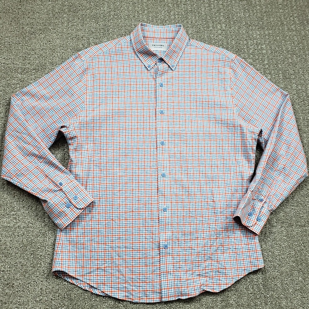 TWILLORY Untuckable Shirt Mens Large Blue Orange Check Tailored Fit Linen Blend